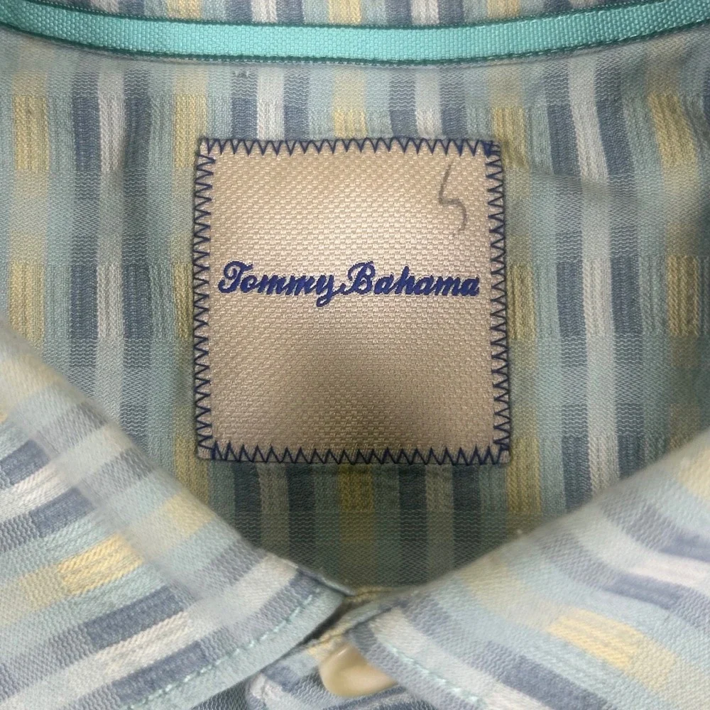 Tommy Bahama Mens XXL Blue Yellow Silk Cotton Textured Stripe Short Sleeve Shirt